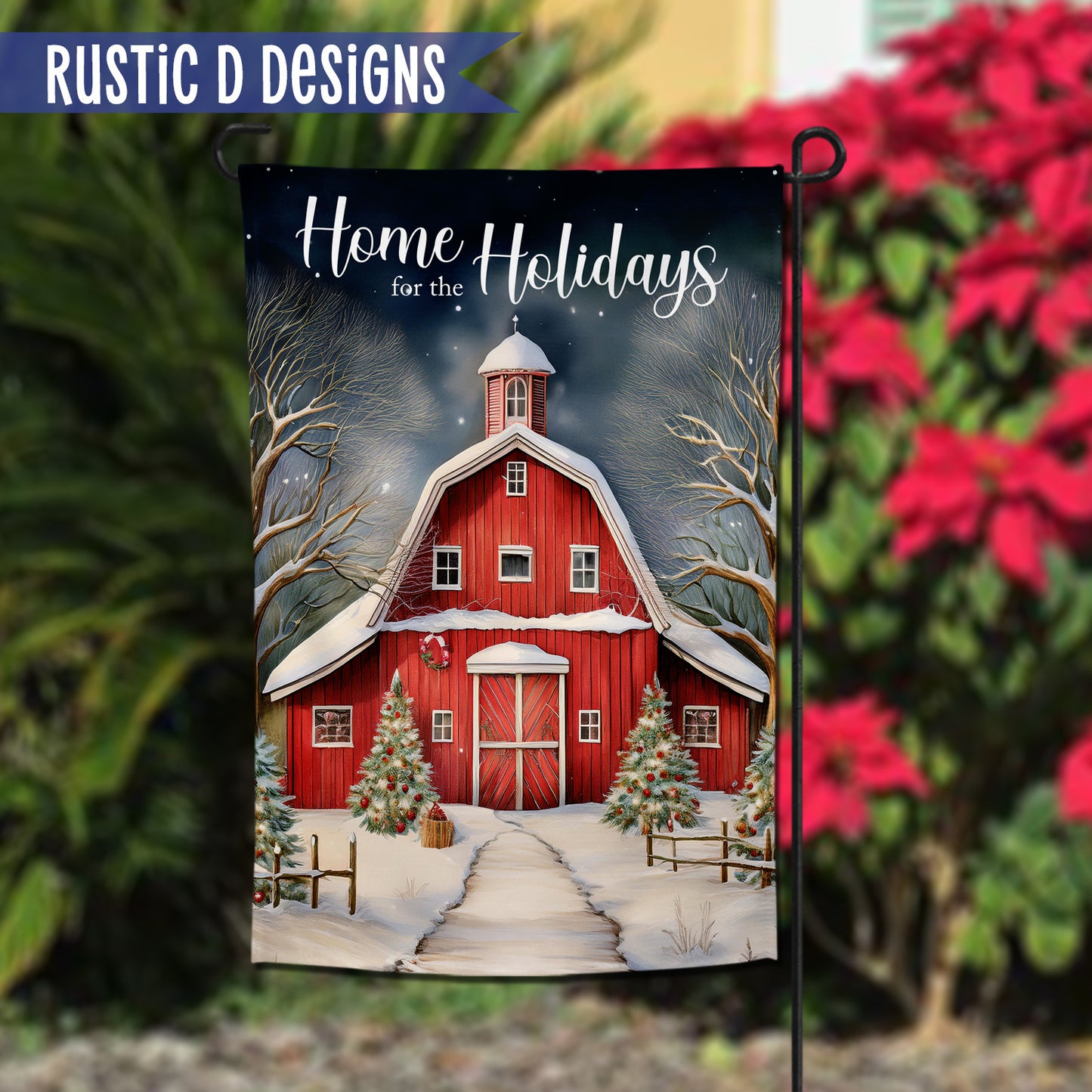 Red Barn Home for the Holidays Christmas Home Garden Flag 12"x18"