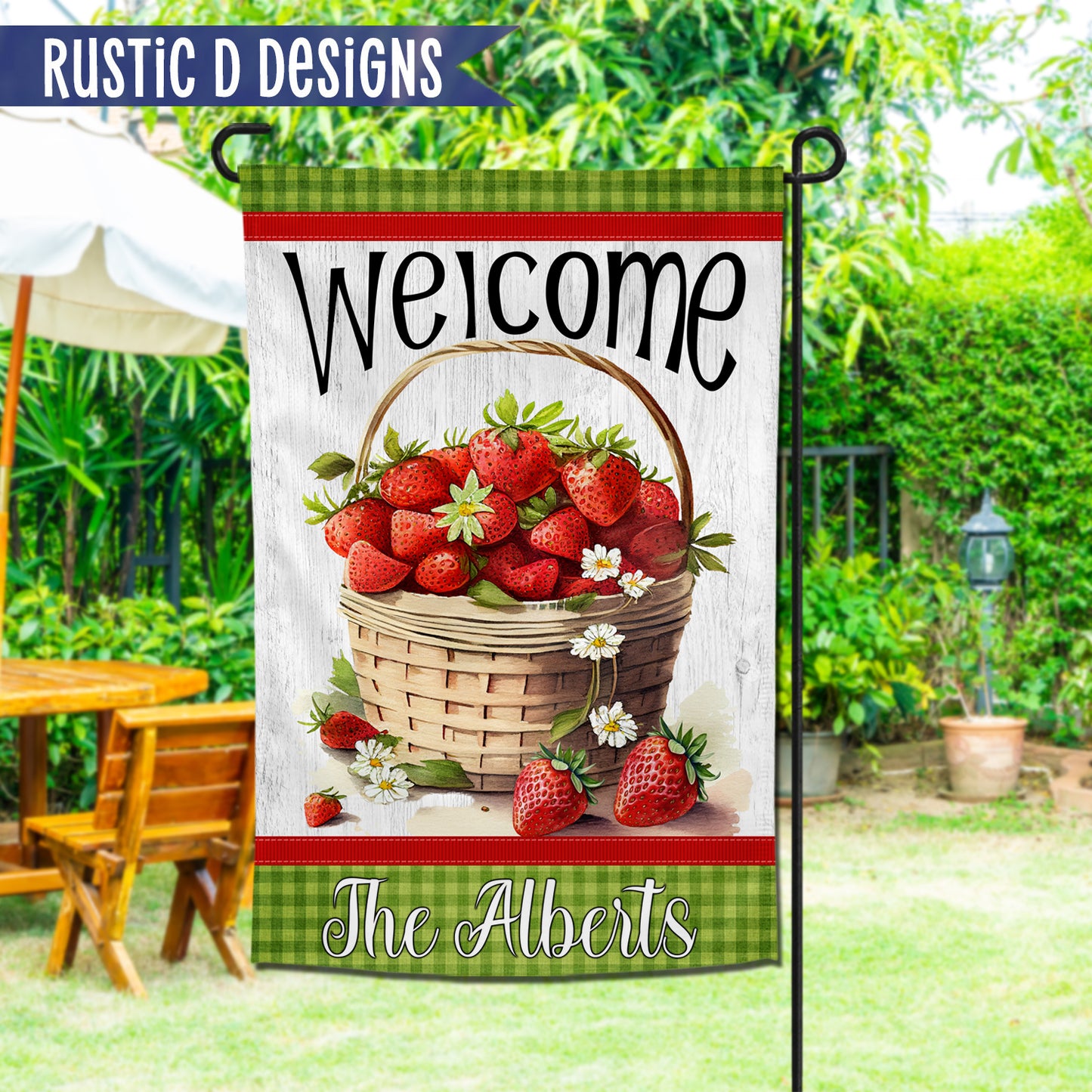 Basket of Strawberries Personalized Welcome Garden Flag 12"x18"
