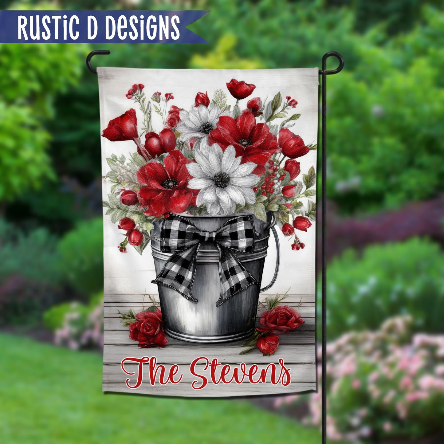 Valentine Bucket of Flowers Personalized Home Garden Flag 12"x18"