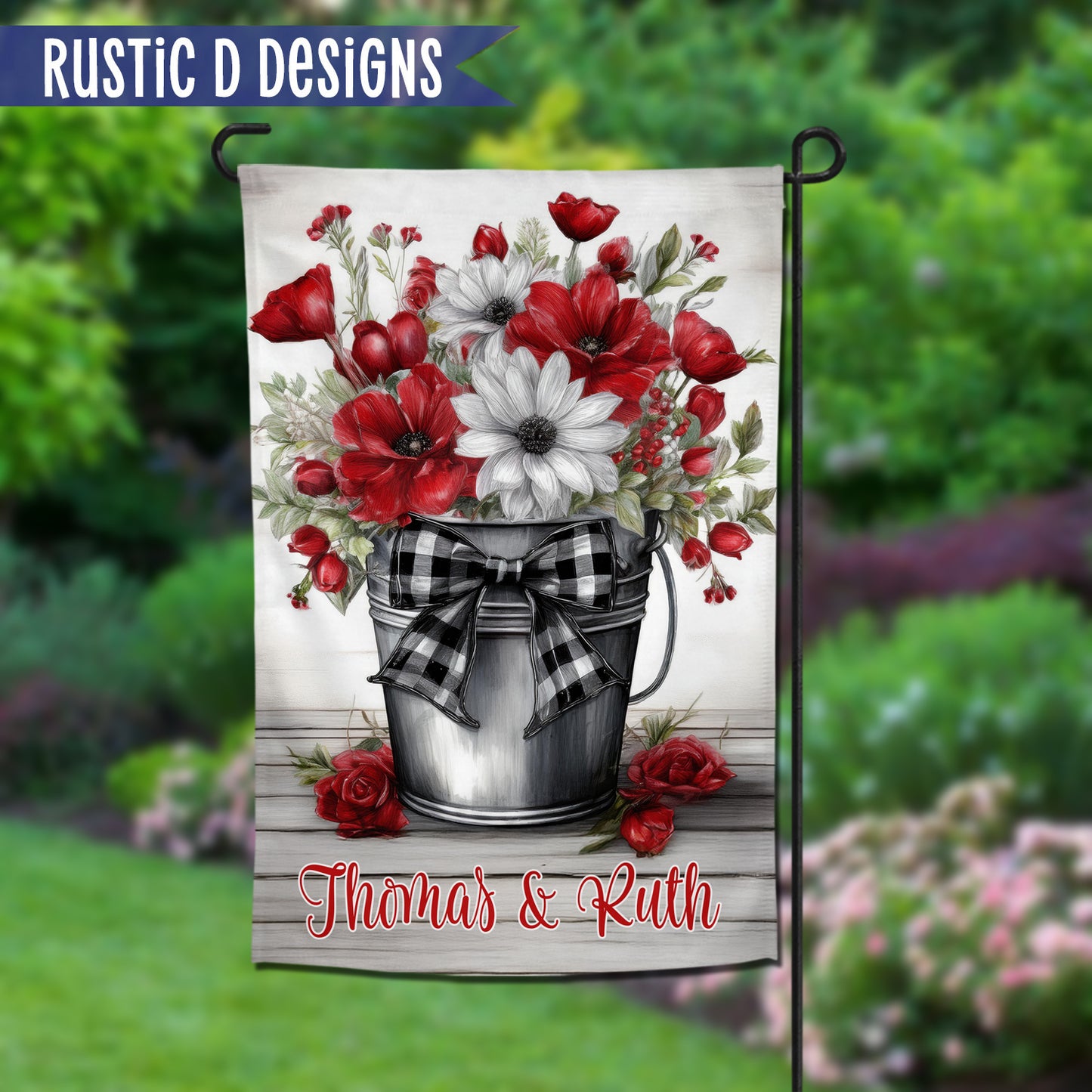 Valentine Bucket of Flowers Personalized Home Garden Flag 12"x18"