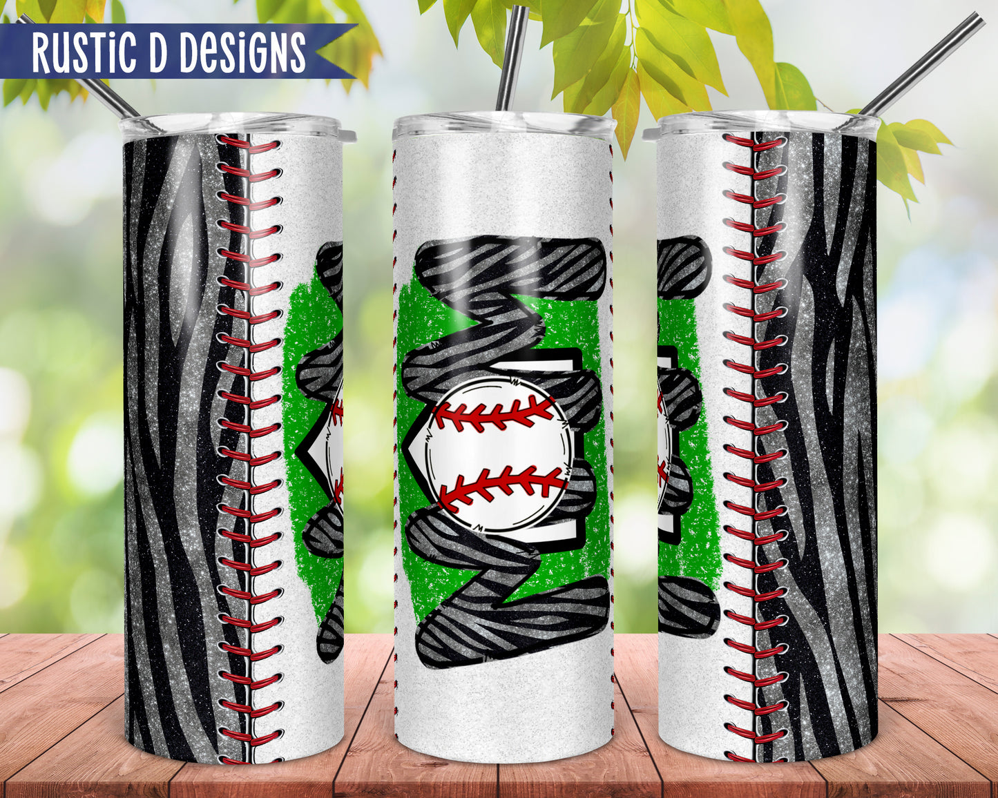 Baseball Mom Glitter Zebra 20oz Stainless Steel Skinny Tumbler