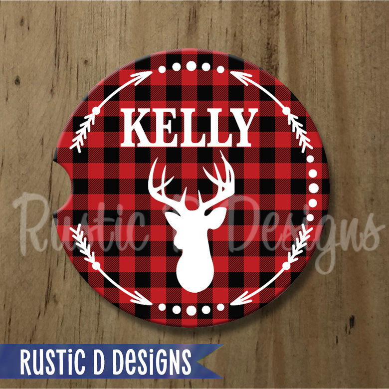 Buffalo Plaid Deer Personalized Sandstone Car Coaster