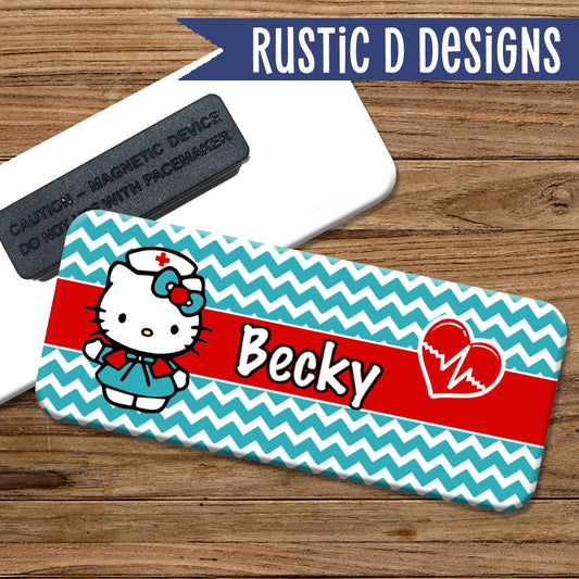 Chevron Hello Kitty Nurse Turquoise Red Magnetic Name Badge