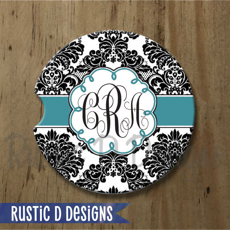 Damask Curly Monogram Personalized Sandstone Car Coaster