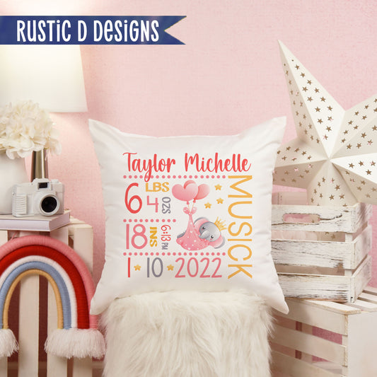 Baby Girl Elephant Stats Pillow Cover