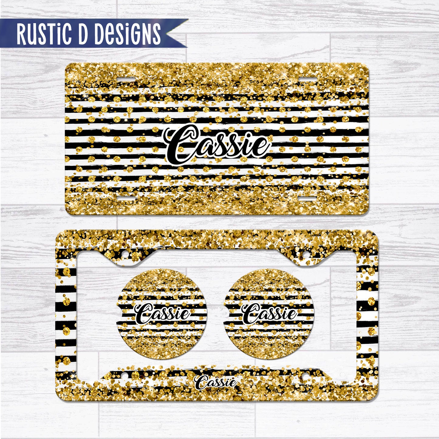 Gold Glitter Black Stripes Personalized License Plate Auto Set