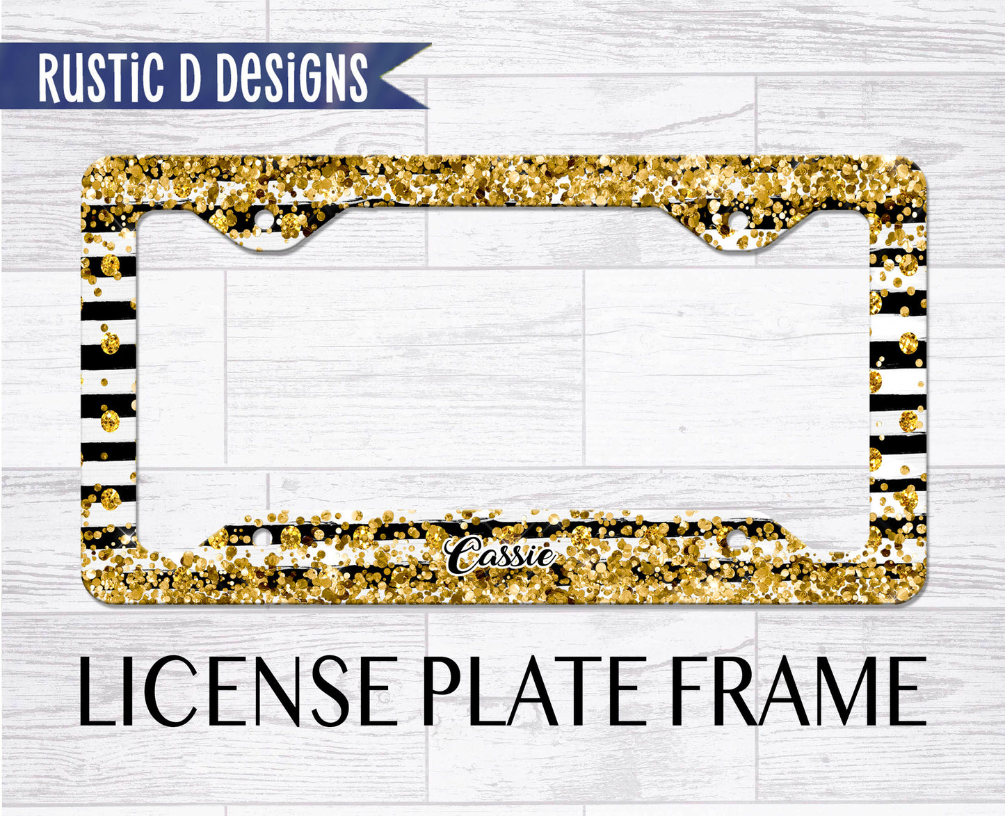 Gold Glitter Black Stripes Personalized License Plate Auto Set