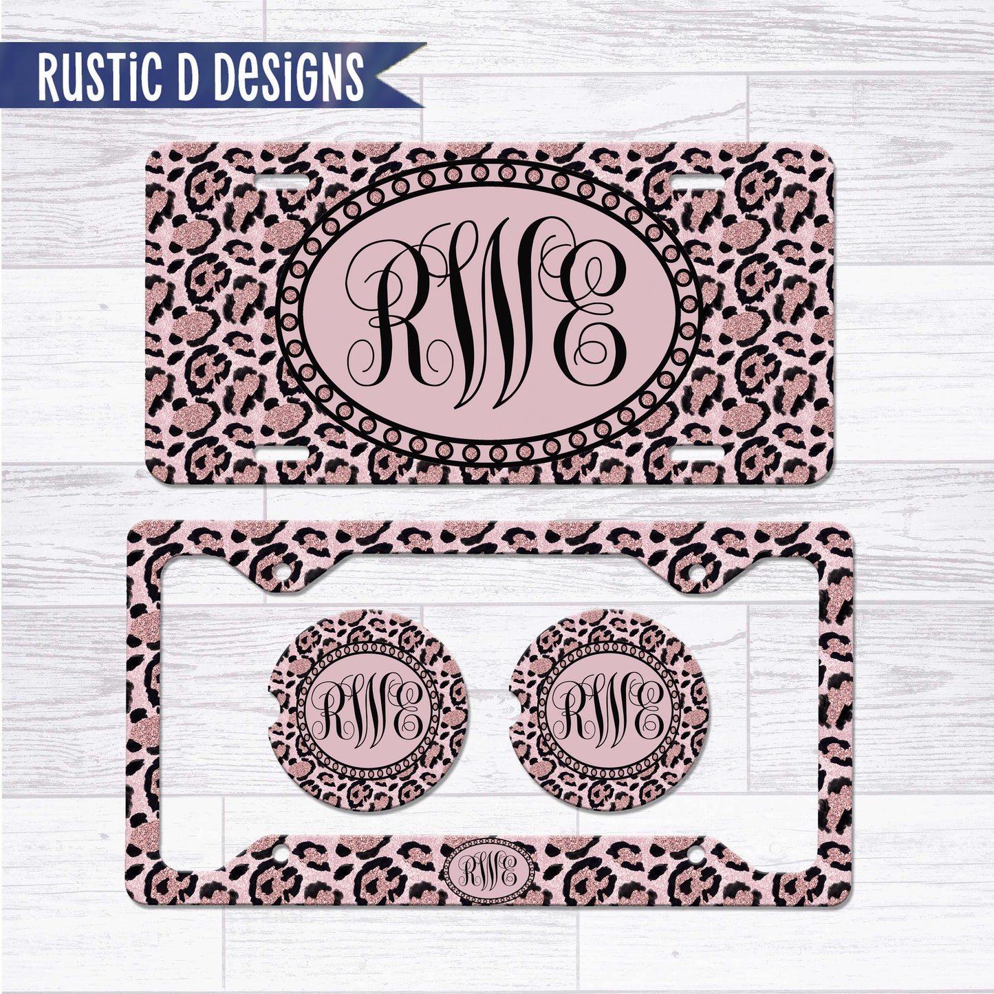 Pink Leopard Glitter Effect Personalized License Plate Auto Set