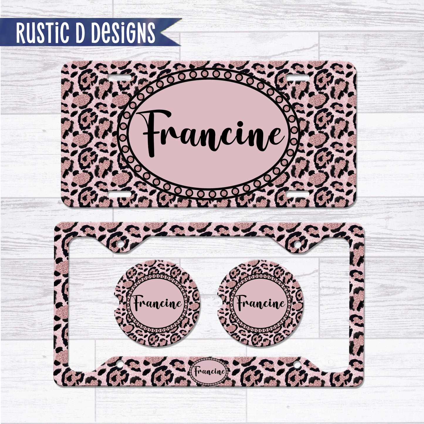 Pink Leopard Glitter Effect Personalized License Plate Auto Set