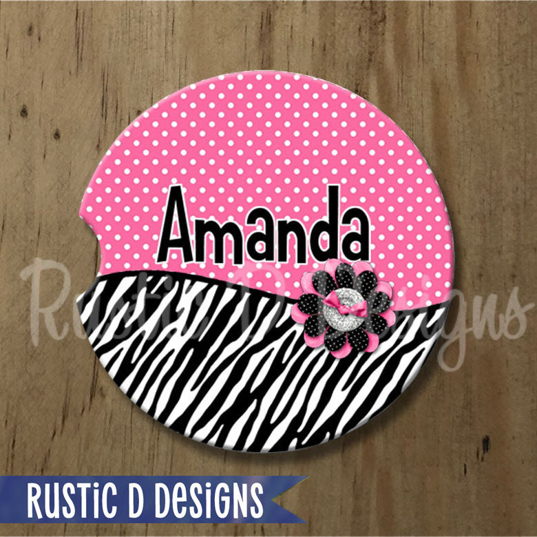 Pink Polka Zebra Personalized Sandstone Car Coaster
