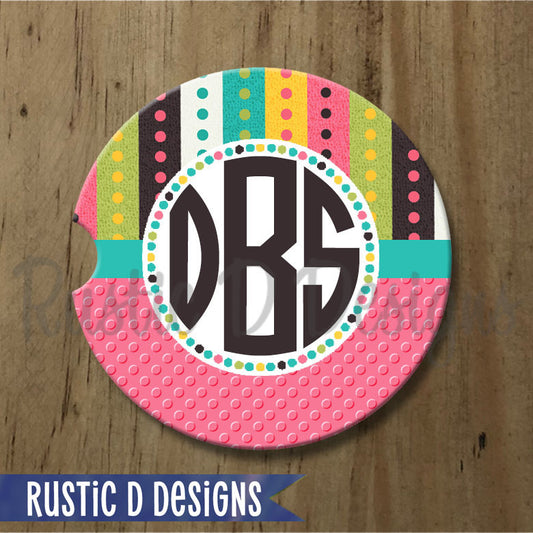 Pink Turquoise Dotted Stripes Personalized Monogram Sandstone Car Coaster
