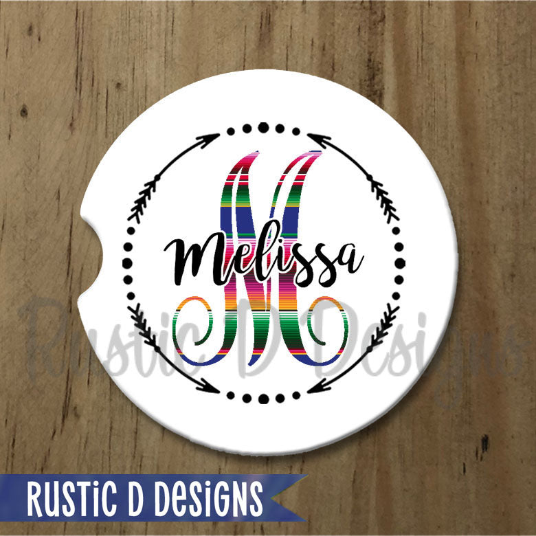 Serape Letter Arrows Personalized Sandstone Car Coaster