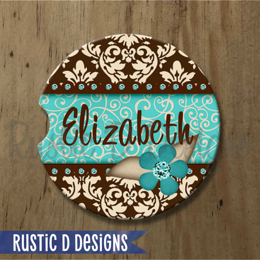 Turquoise Damask Personalized Sandstone Car Coaster