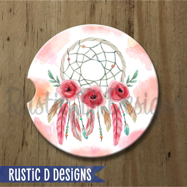 Watercolor Dream Catcher Sandstone Car Coaster
