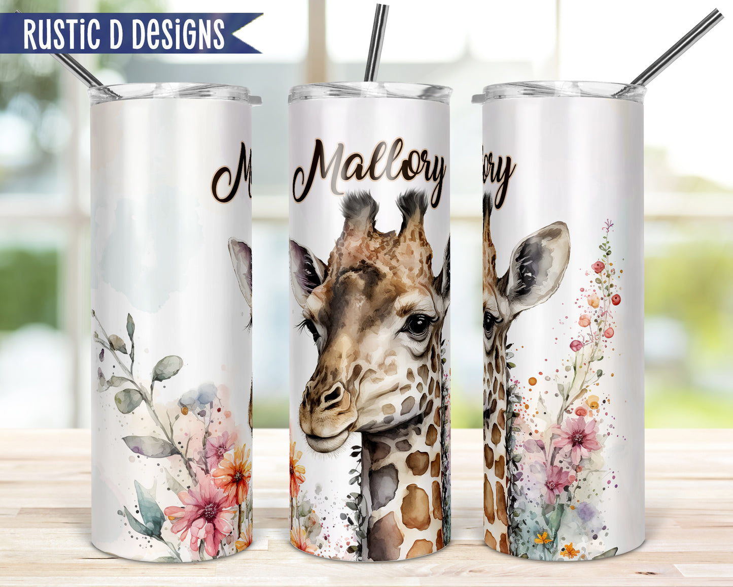 Watercolor Giraffe Personalized 20oz Stainless Steel Skinny Tumbler