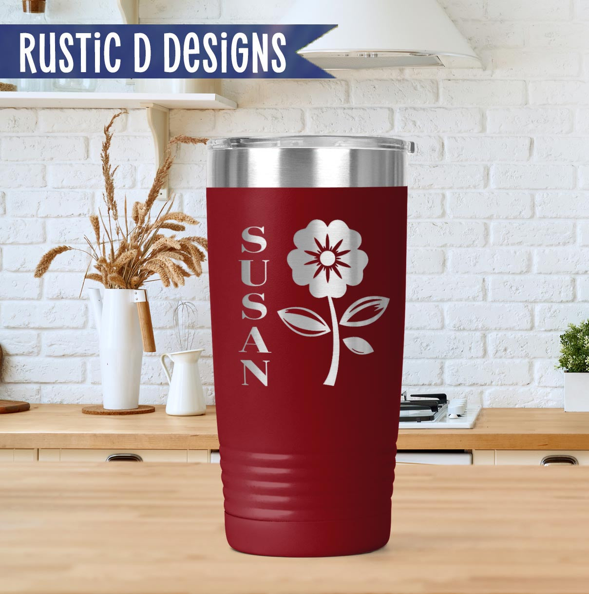 Flower Vertical Name Engraved Personalized 20oz Stainless Steel Tumbler