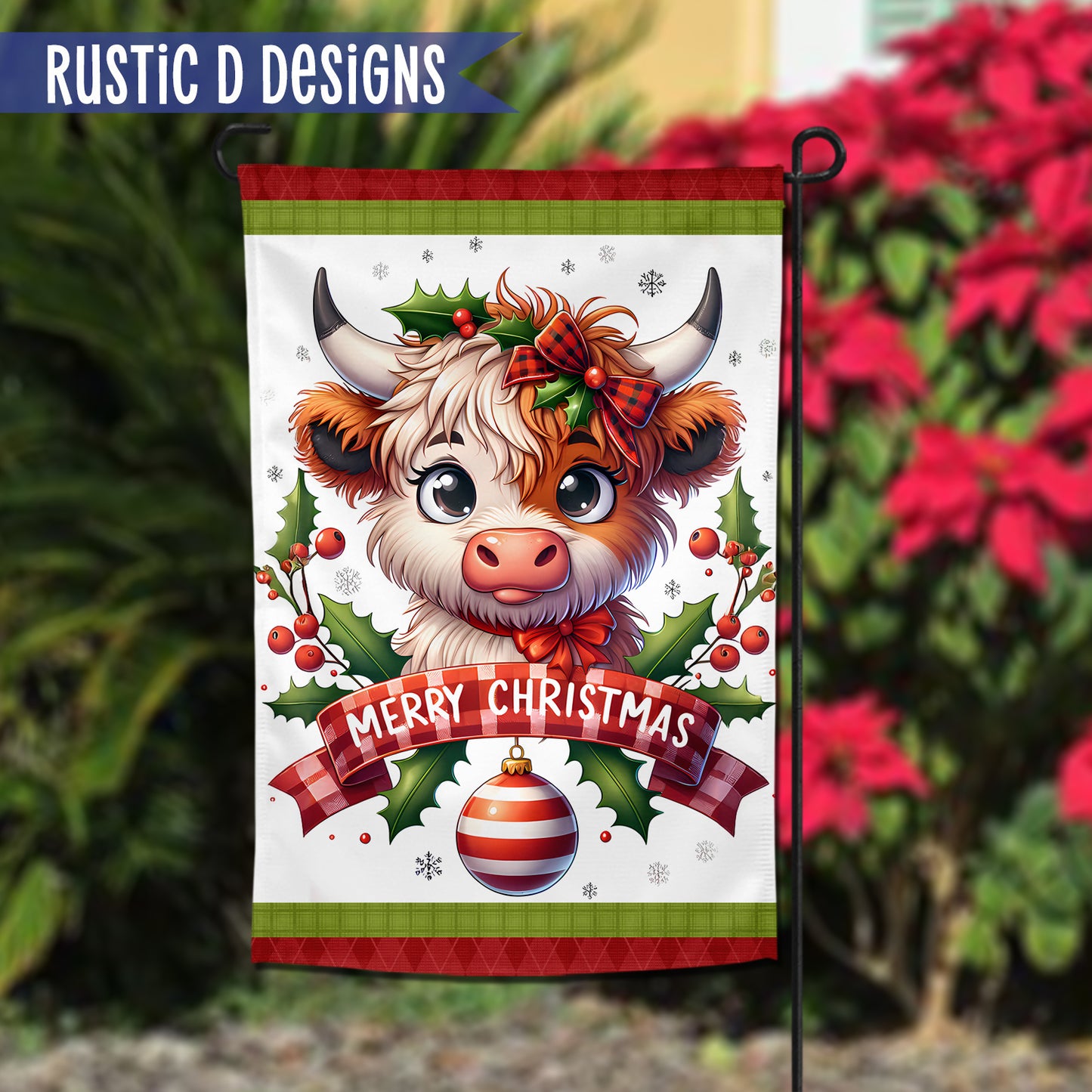 Highland Cow Merry Christmas Home Garden Flag 12"x18"