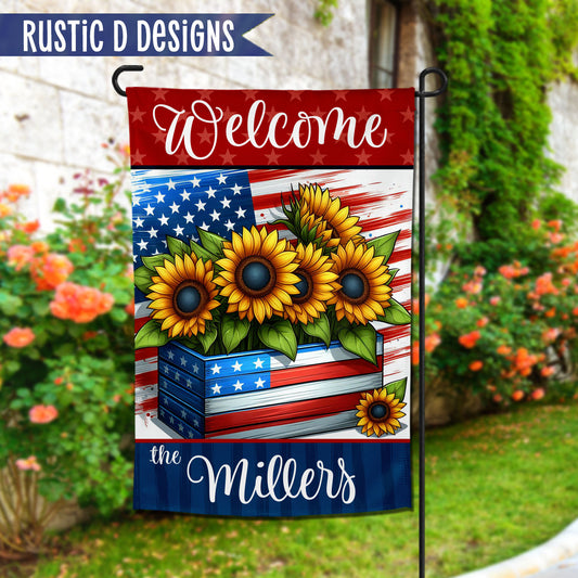 Patriotic Sunflowers Personalized Home Garden Flag 12"x18"