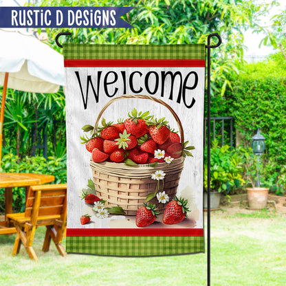 Basket of Strawberries Personalized Welcome Garden Flag 12"x18"