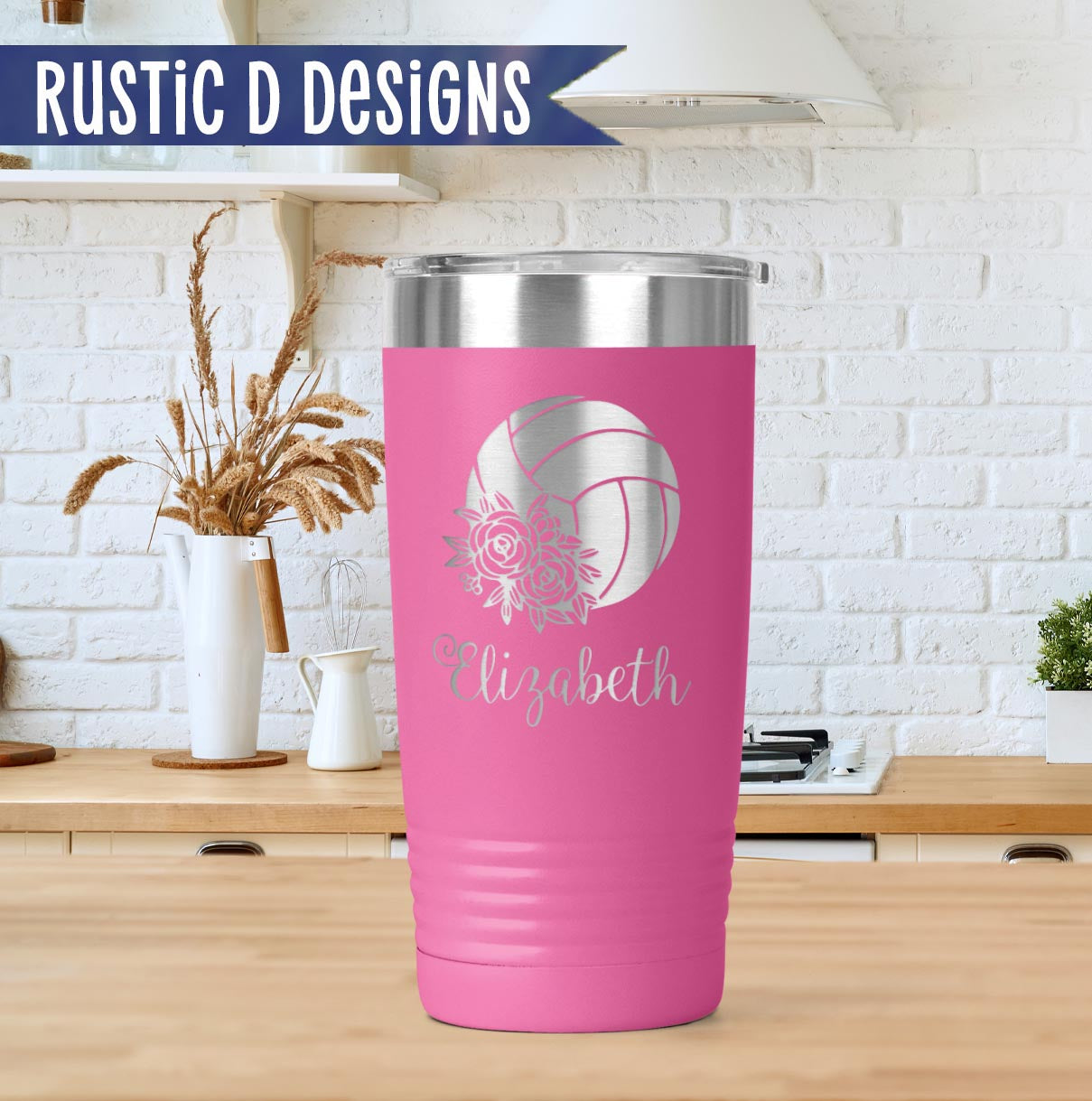 Volleyball Flowers Engraved Personalized 20oz Stainless Steel Tumbler
