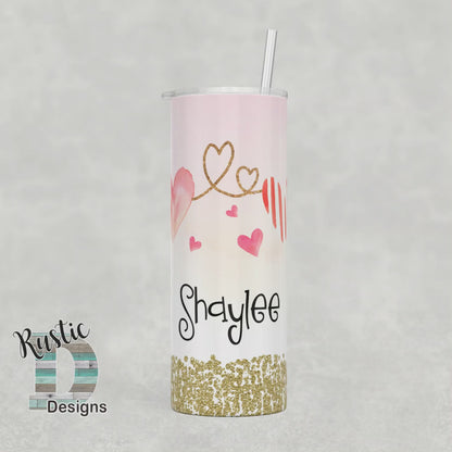 Watercolor Hearts & Glitter Personalized 20oz Stainless Steel Skinny Tumbler