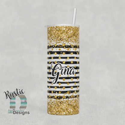 Gold Glitter Black Stripes Personalized 20oz Stainless Steel Skinny Tumbler