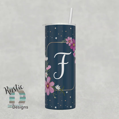 Navy Pink Flowers Initial Personalized 20oz Stainless Steel Skinny Tumbler