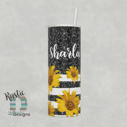 Black Glitter Effect Sunflower Personalized 20oz Stainless Steel Skinny Tumbler