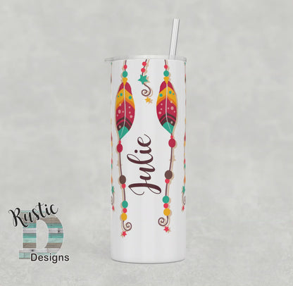 Colorful Feathers Personalized 20oz Stainless Steel Skinny Tumbler