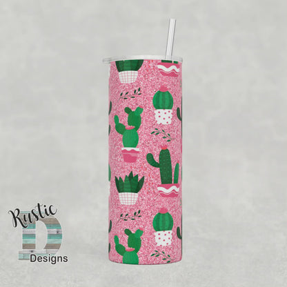 Pink Glitter Effect Cactus 20oz Stainless Steel Skinny Tumbler