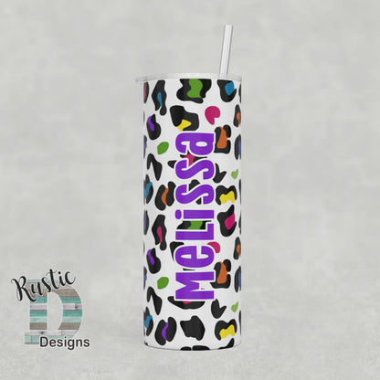 Multicolor Leopard Personalized 20oz Stainless Steel Skinny Tumbler