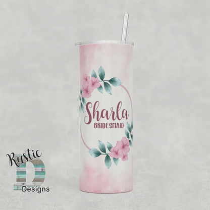 Pink Watercolor Bridal Party Personalized 20oz Stainless Steel Skinny Tumbler