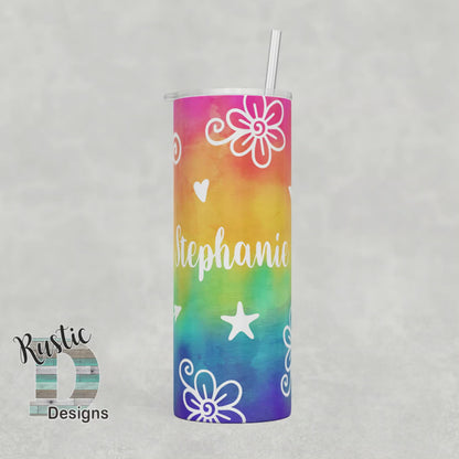 Tie Dye with Doodles Personalized 20oz Stainless Steel Skinny Tumbler