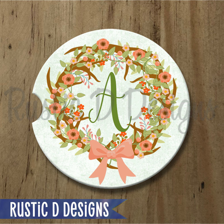 Antler Rustic Initial Personalized Sandstone Car Coaster