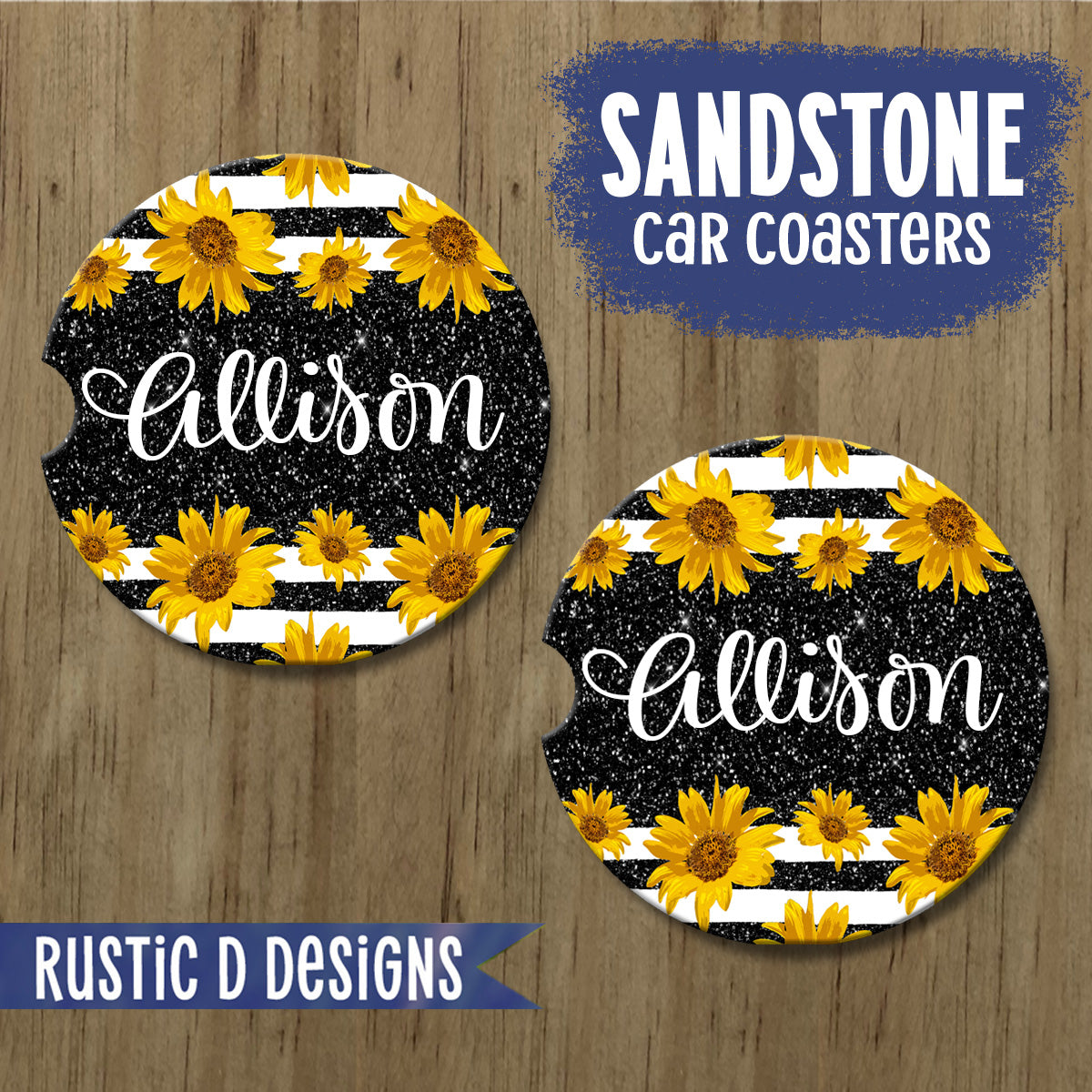 Black Glitter Effect Sunflower Personalized License Plate Auto Set