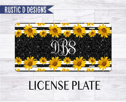 Black Glitter Effect Sunflower Personalized License Plate Auto Set