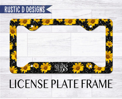 Black Glitter Effect Sunflower Personalized License Plate Auto Set