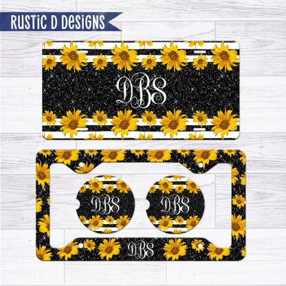 Black Glitter Effect Sunflower Personalized License Plate Auto Set