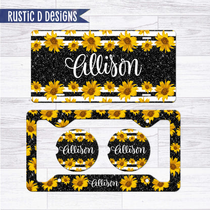 Black Glitter Effect Sunflower Personalized License Plate Auto Set