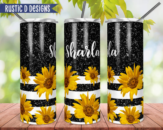 Black Glitter Effect Sunflower Personalized 20oz Stainless Steel Skinny Tumbler