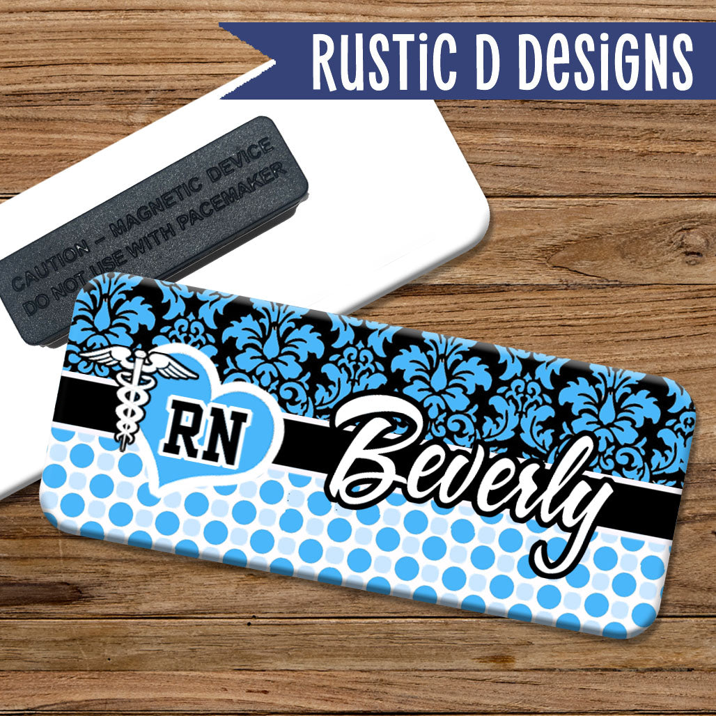 Blue Damask Polka Magnetic Name Badge