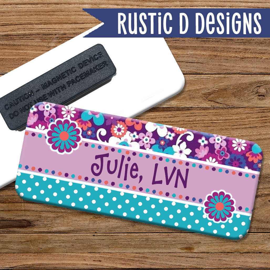 Blue Purple Floral Magnetic Name Badge