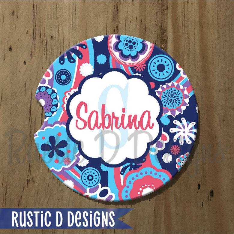 Blue Salmon Floral Personalized Sandstone Car Coaster