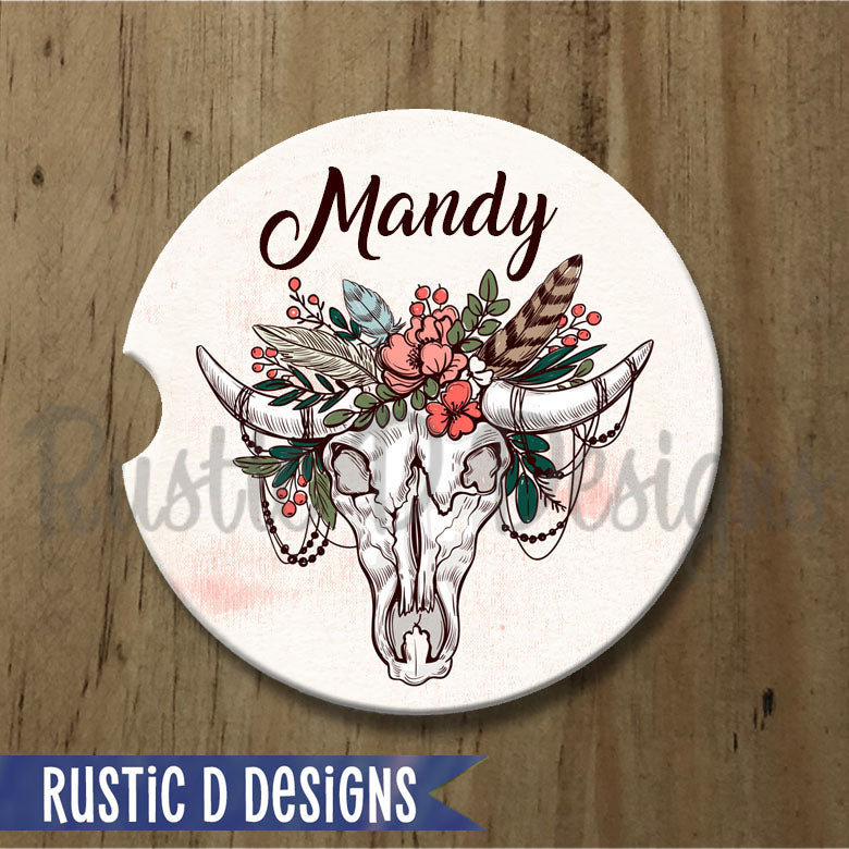 Boho Skull & Floral Personalized Sandstone Car Coaster