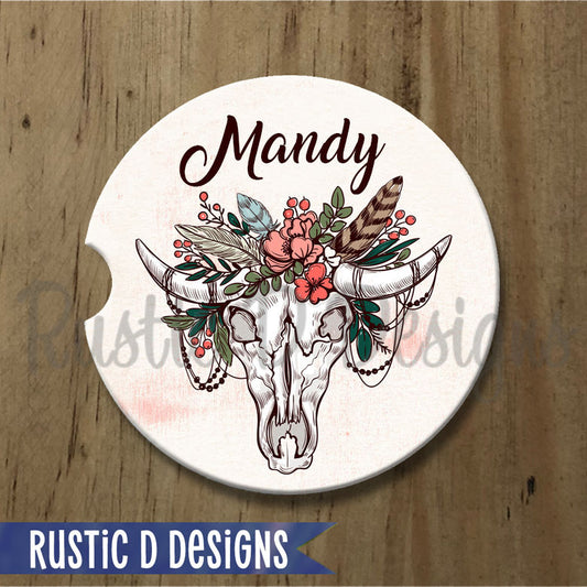 Boho Skull & Floral Personalized Sandstone Car Coaster