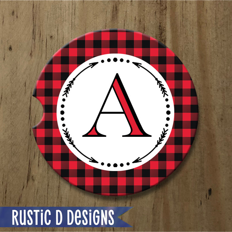 Buffalo Plaid Initial Personalized Sandstone Car Coaster