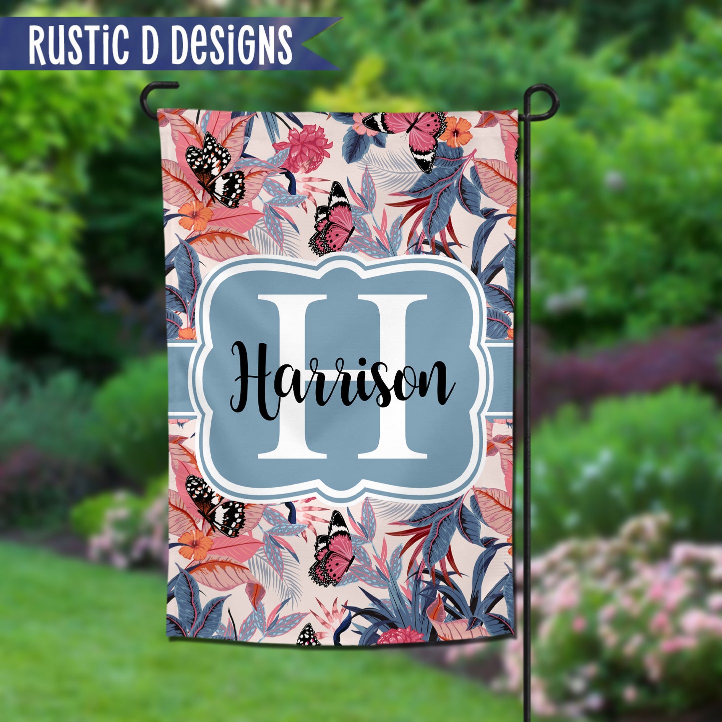 Butterfly Flowers Family Name Welcome Personalized Home Garden Flag 12"x18"