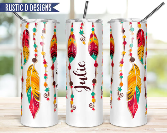 Colorful Feathers Personalized 20oz Stainless Steel Skinny Tumbler