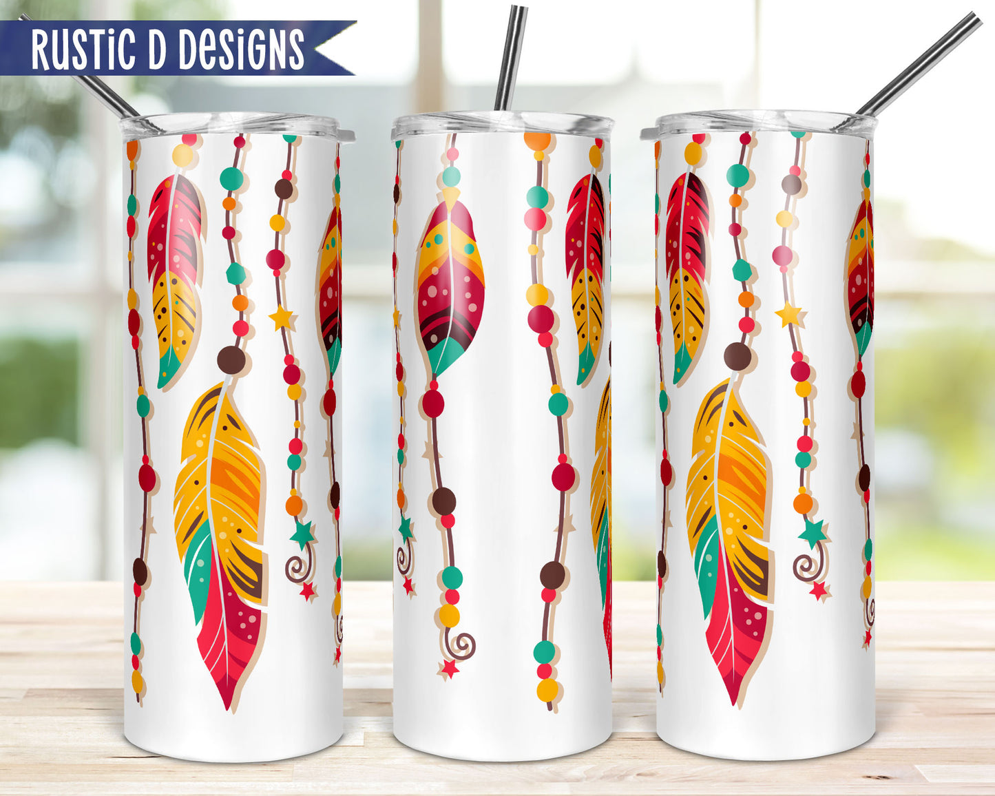 Colorful Feathers Personalized 20oz Stainless Steel Skinny Tumbler