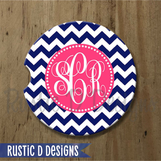 Curly Monogram Navy Hot Pink Personalized Sandstone Car Coaster